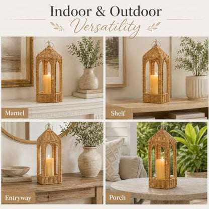 14.5 Inch Natural Rattan Lantern with Flameless LED Candle - Boho Decor