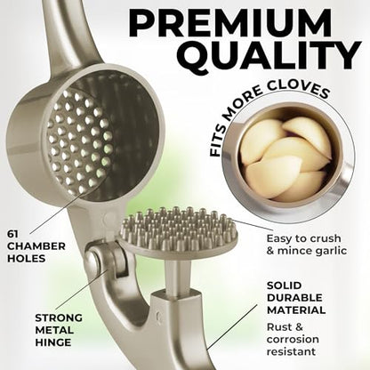 Zulay Kitchen Premium Garlic Press Set - Rust Proof & Dishwasher Safe Professional Garlic Mincer Tool - Easy-Squeeze, Easy-Clean with Soft, Ergonomic Handle - Silicone Garlic Peeler & Brush (Chrome)