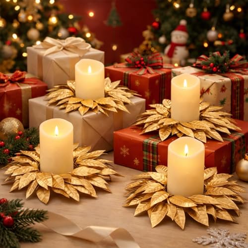 Domensi Gold Bay Leaf Candle Rings Set - 4 Pcs, 3.9 Inch Diameter Christmas Wreaths