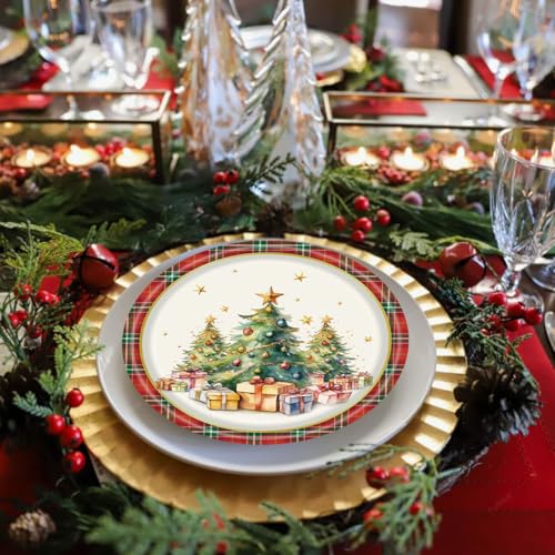 Christmas Paper Plates Set - 25 Disposable Holiday Tableware with Plaid Tree Print