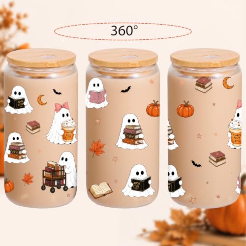 Halloween Ghost Glass Cup with Lid & Straw - 16oz Bookish Boo Basket Gift