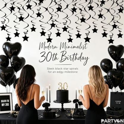 Black Party Streamers Pack - Swirls & Star Toppers for Halloween & Birthday Decorations