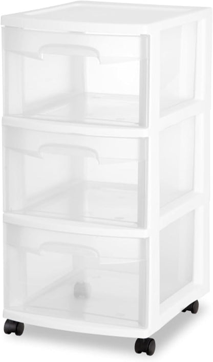 Sterilite 3-Drawer Rolling Storage Organizer - Versatile Plastic Bin Cart for Closet | White, 6-Pack