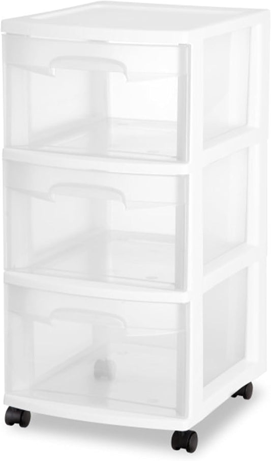 Sterilite 3-Drawer Rolling Storage Organizer - Versatile Plastic Bin Cart for Closet | White, 6-Pack