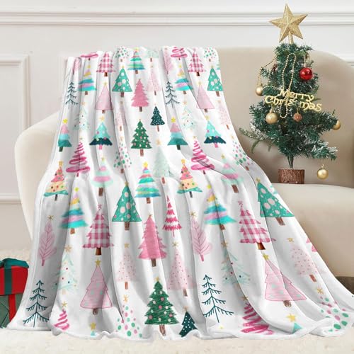 Pink Christmas Tree Throw Blanket - 50x60in Soft Warm Holiday Home Decor - Pink / 50x60 IN