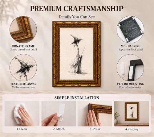 Vintage Witch Canvas Wall Art - Gold Frame Gothic Sketch Print, 11x9 Inches, Line Witch Variation