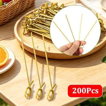 4.7 Inch Bamboo Cocktail Picks - 200 Pcs Knot Design Food Skewers for Appetizers and Drinks