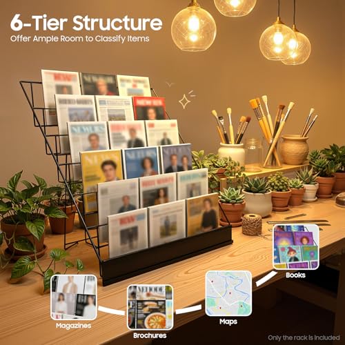 6-Tier Wire Magazine Rack - Black Metal Countertop Book & Brochure Organizer