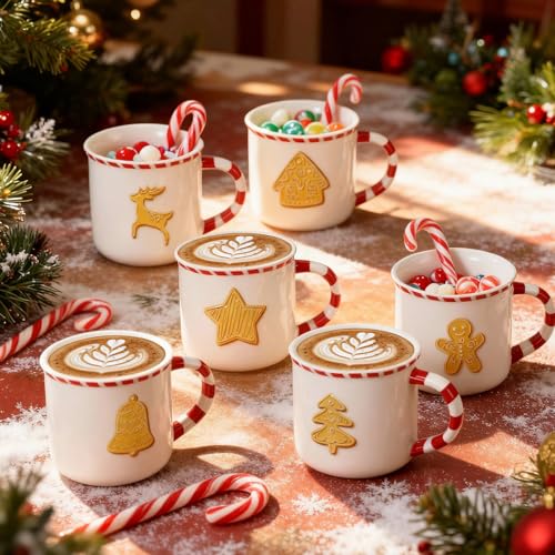 Christmas Gingerbread House Mug Set - 6 Pack Candy Cane Handle 10 oz