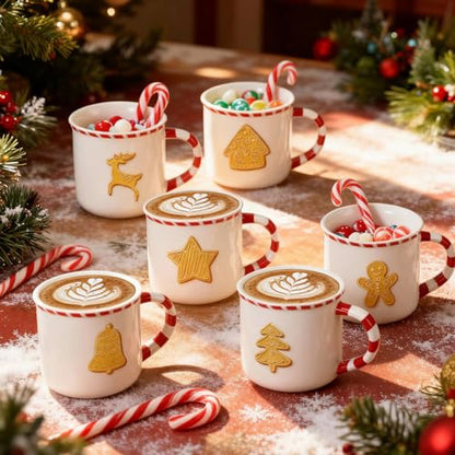Christmas Gingerbread House Mug Set - 6 Pack Candy Cane Handle 10 oz