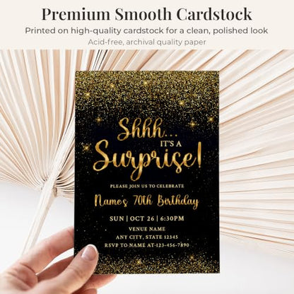 Black Gold 70th Surprise Birthday Invitations - Personalized 5x7 Set with Envelopes