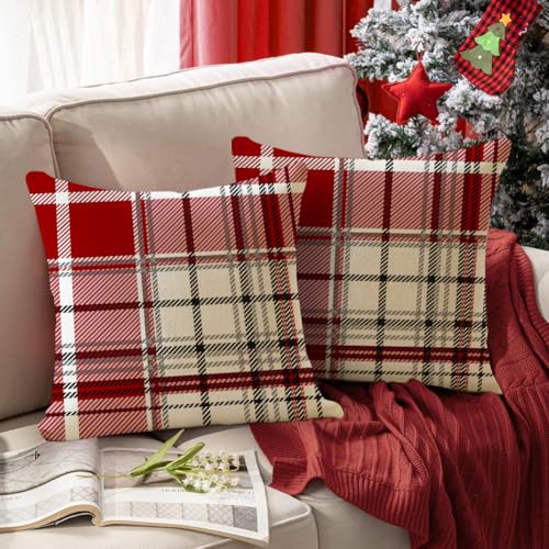 Christmas Pillow Covers 18x18 Pack of 2 Red Plaid Waterproof Home Decor