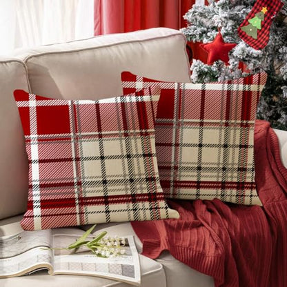 Christmas Pillow Covers 18x18 Pack of 2 Red Plaid Waterproof Home Decor
