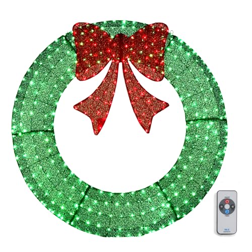 Pre-Lit 48 Inch Outdoor Christmas Wreath with 315 LED Lights - Green and Red