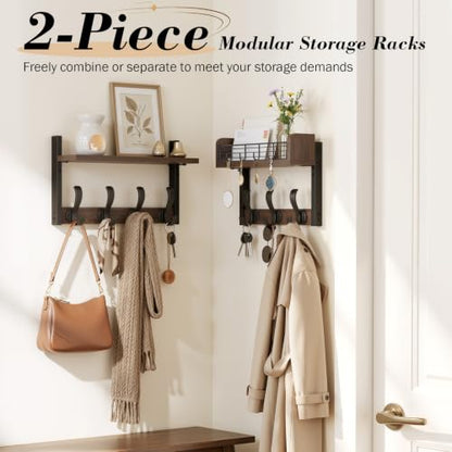 Brown 29-Inch Wall-Mount Coat Rack with Shelf and 11 Hooks - Wooden Entryway Organizer