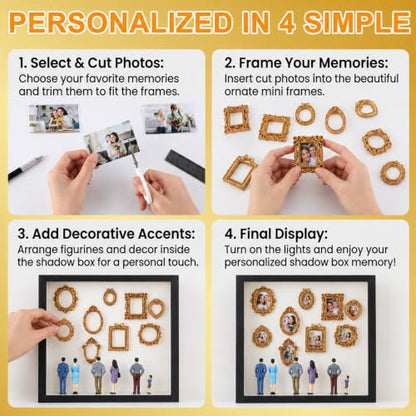 Mini Gold Photo Frame Box Set with 12 Miniature Figurines & DIY Display