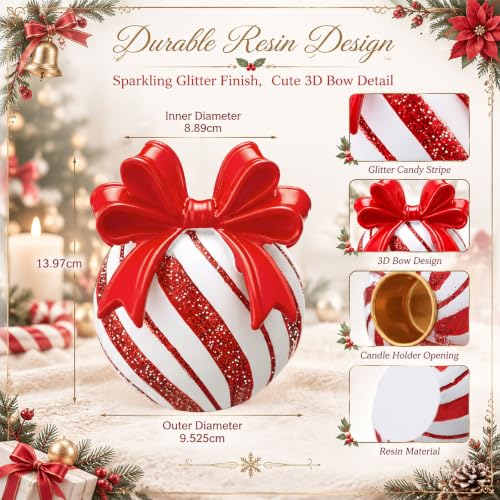 Christmas Bow Candy Ball Candle Holders - Set of 2 Red White Resin Holiday Decor