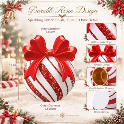 Christmas Bow Candy Ball Candle Holders - Set of 2 Red White Resin Holiday Decor