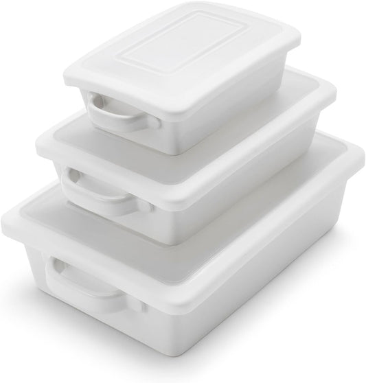Sur La Table Stoneware Baker Set - 3-Piece Freezer-to-Oven Bakeware with Lids | Durable Handmade Design, White