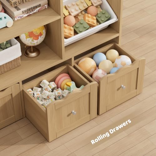 Kids Toy Storage Organizer with 10 Bins & Bookshelf - Natural