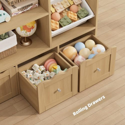 Kids Toy Storage Organizer with 10 Bins & Bookshelf - Natural