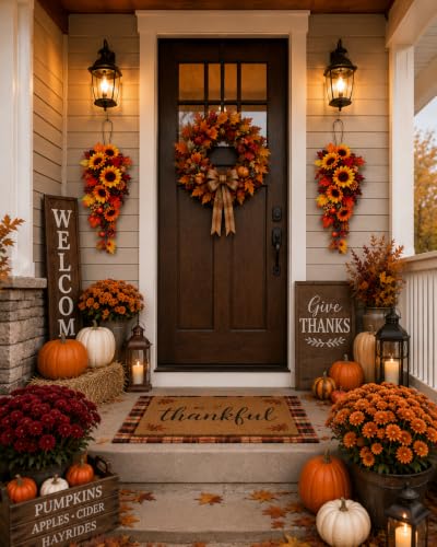 Set of 2 Fall Sunflower Metal Swags for Indoor Outdoor Decor 22" x 10"