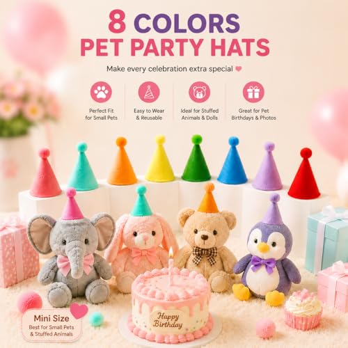 Mini Birthday Party Hats for Small Animals & Stuffed Pets - 8 Pieces
