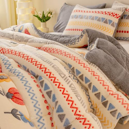 Queen Boho Floral Plush Comforter - Warm & Fluffy Winter Bedding