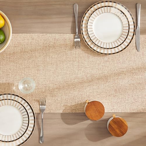 Burlap Style Farmhouse Table Runner - 14x90 Inches, Warm Beige & Brown