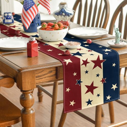 Stars & Stripes 4th of July Patriotic Table Runner 13x120 Inches - Red, Beige, Blue