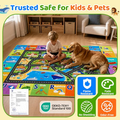 Kids Play Rug 3x5 ft Non-Slip Car Road Play Mat - Washable Soft Road Carpet for Kids Room, Playroom, Classroom, Car Rug 1, 3 x 5 Feet