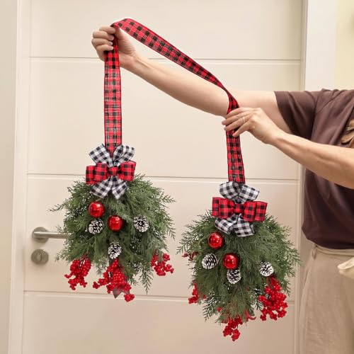 Christmas Teardrop Door Swag Wreath with Buffalo Plaid Bow - Holiday Decor