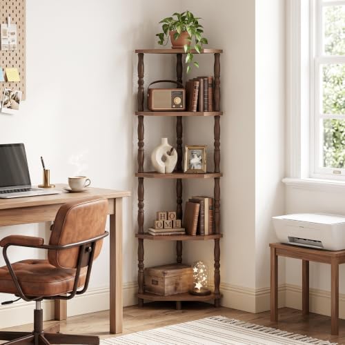 Corner Shelf 5-Tier Corner Bookshelf for Small Spaces Walnut Finish