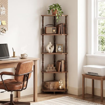 Corner Shelf 5-Tier Corner Bookshelf for Small Spaces Walnut Finish