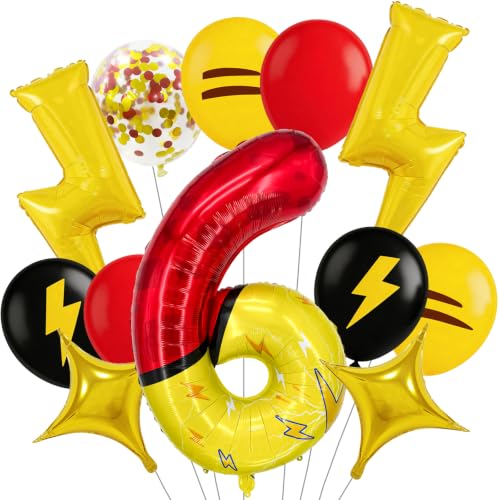 Lightning Theme 40 Inch Digit Foil Balloon Set - Red Yellow Black Party Decorations with Star & Lightning Balloons, Indoor Outdoor Celebration Supplies (Variation 6)