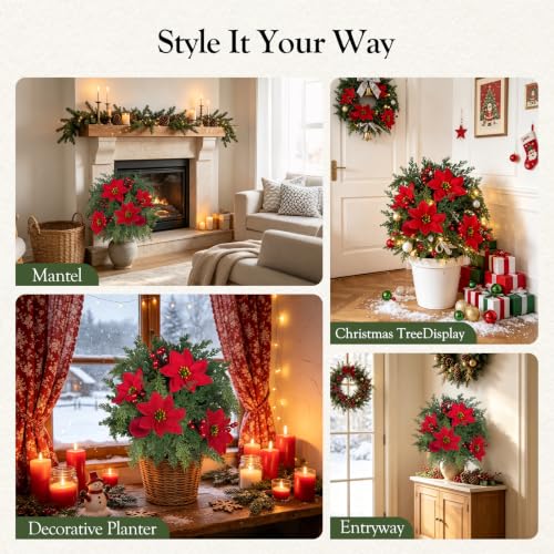 Artificial Poinsettia Stake with Pine Berries - Red & Green 2 Pack for Christmas Decor