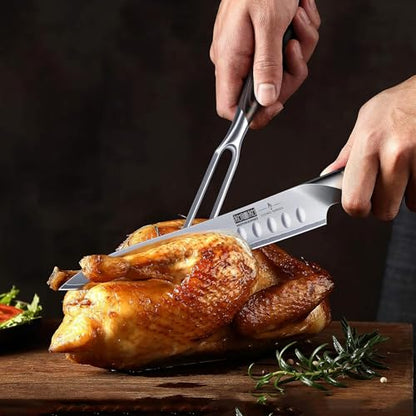 Professional Japanese High-Carbon Steel Carving Knife & Meat Fork Set - 8 Inch Slicing Knife, 7 Inch Fork