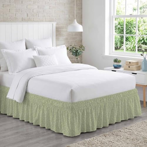 Queen Size Adjustable Elastic Bed Skirt with 16-Inch Drop Sage Green Paisley