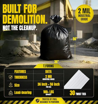 55 Gallon Heavy Duty Contractor Garbage Bags 2 Mil Thick - Black, 30 Count