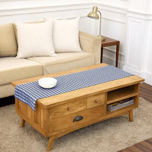 Navy Gingham Check Linen Table Runner - 14 x 60 Inches - Solino Home