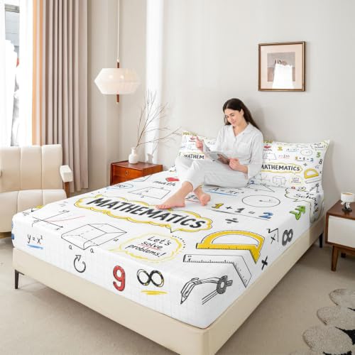 Math Formula Kids Fitted Sheet Queen Size - Beige Yellow Variation