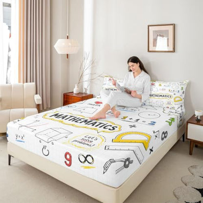 Math Formula Kids Fitted Sheet Queen Size - Beige Yellow Variation