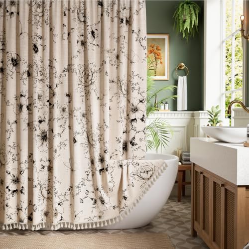Vintage Black Floral Shower Curtain 72x72 Inches with 12 Clear Hooks - Boho Farmhouse Style