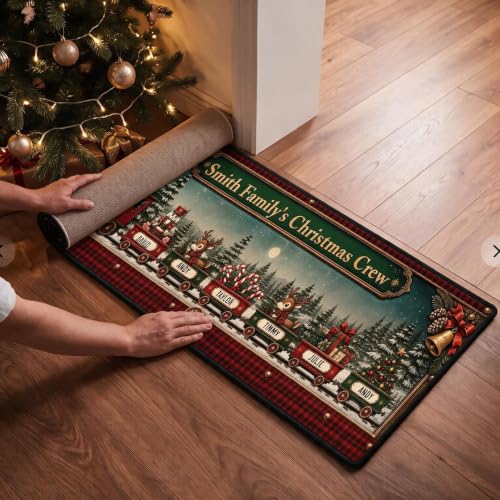 Personalized Christmas Train Family Entryway Rug - Grandma Grandpa Holiday Runner, Xmas Home Decor