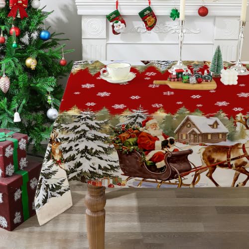 Reindeer Sled Christmas Tablecloth 60x104 Inches - Santa Snowflake Holiday Decor
