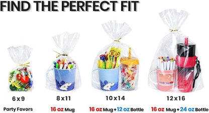 PigPotParty Cellophane Treat Bags 6x9 Inch, 50 Pack Clear Goodie Bags with Bottom Gusset for Stand-Up Display, Small Plastic Gift Wrap for Cookies, Candy, Party Favors, Popcorn, Includes 50 Gold Ties