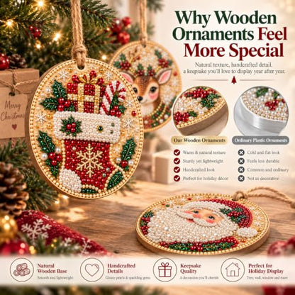 Wooden Christmas Ornaments DIY Kit with Pearls & Gems - 6 Pieces - J#