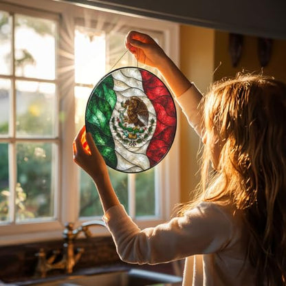 Mexican Flag Stained Glass Suncatcher - 6 Inch Round Window Decor - Reversible Design