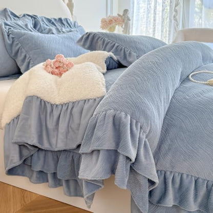 Twin Fluffy Sherpa Comforter Set Blue Ruffle Bedding - Super Soft Fleece