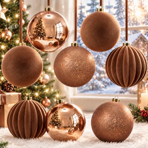 Large Brown Christmas Ball Ornaments Set - 8 Pcs 6 Inch Extra Large Holiday Decor